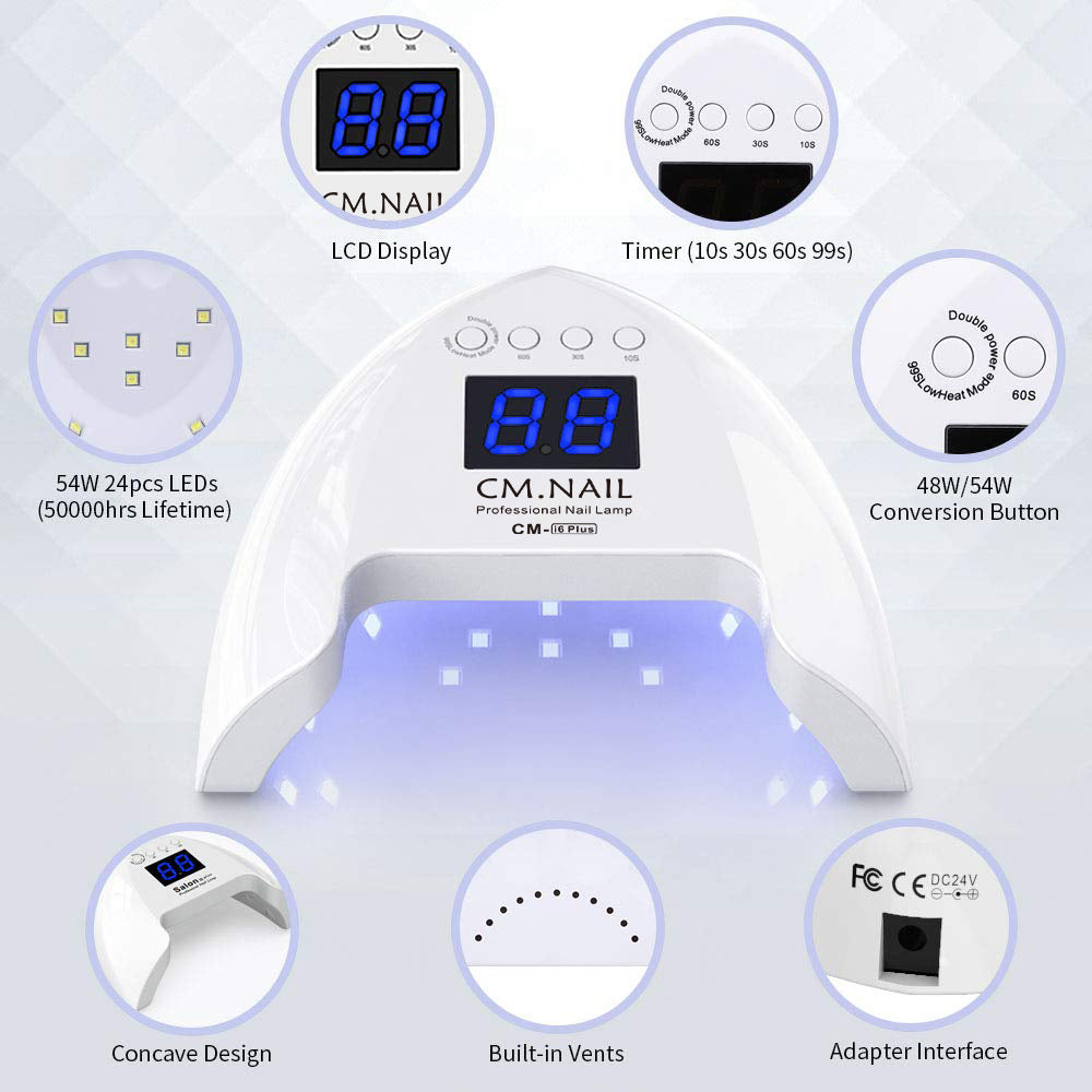 Nail Lamp CM-I6 features 54W power, LCD display, timer settings, and concave design for efficient gel curing.
