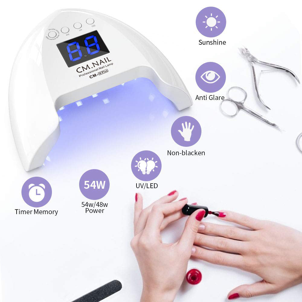 Nail Lamp CM-I6 curing gel polish with UV/LED light. Includes timer, anti-glare, and non-blackening features.
