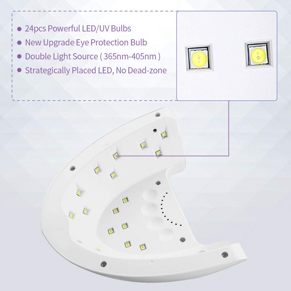 Close-up of Nail Lamp CM-I6's 24 LED/UV bulbs with eye protection and double light source for even curing.