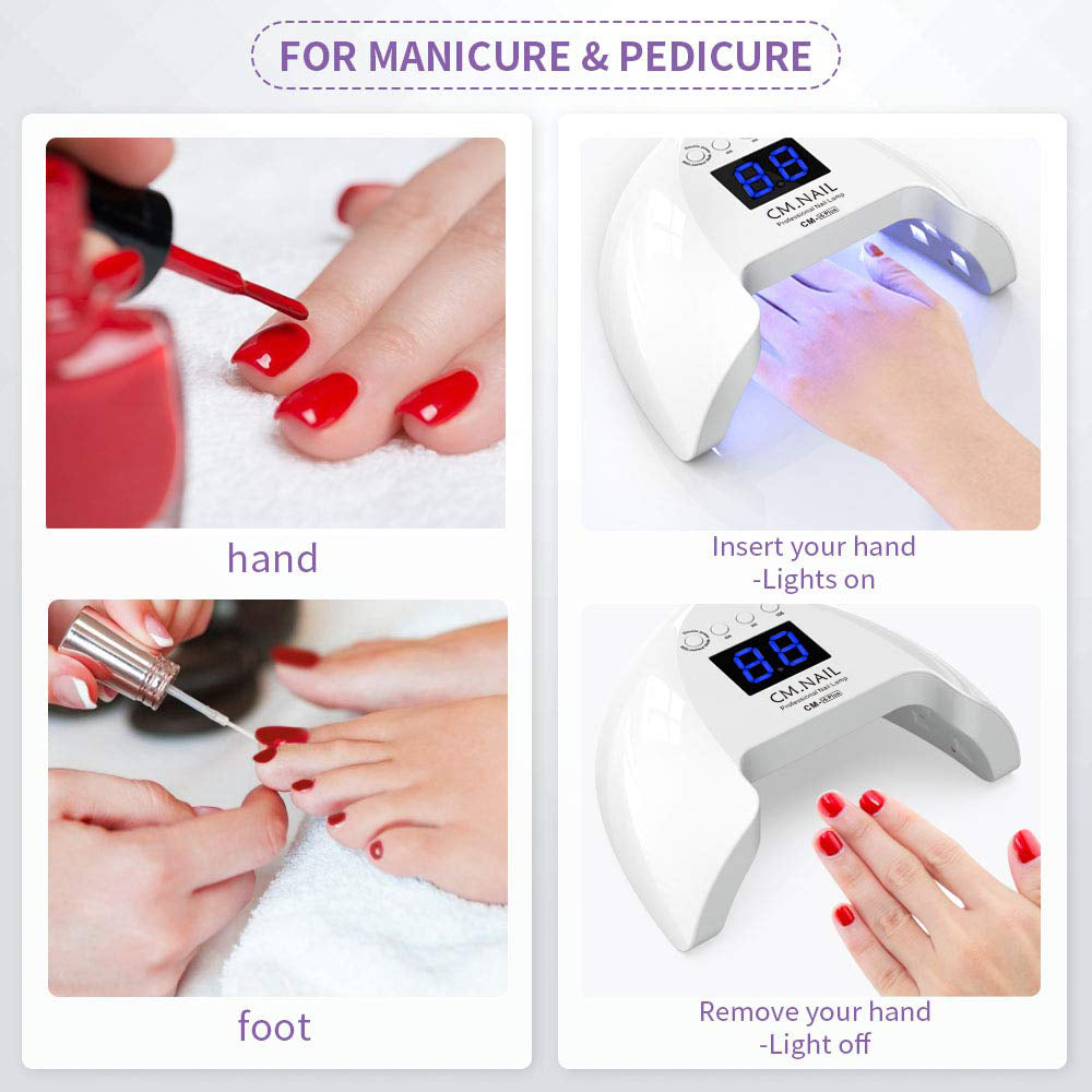 Nail Lamp CM-I6 used for manicure and pedicure. Compact design with LED light for curing gel polish on hands and feet.