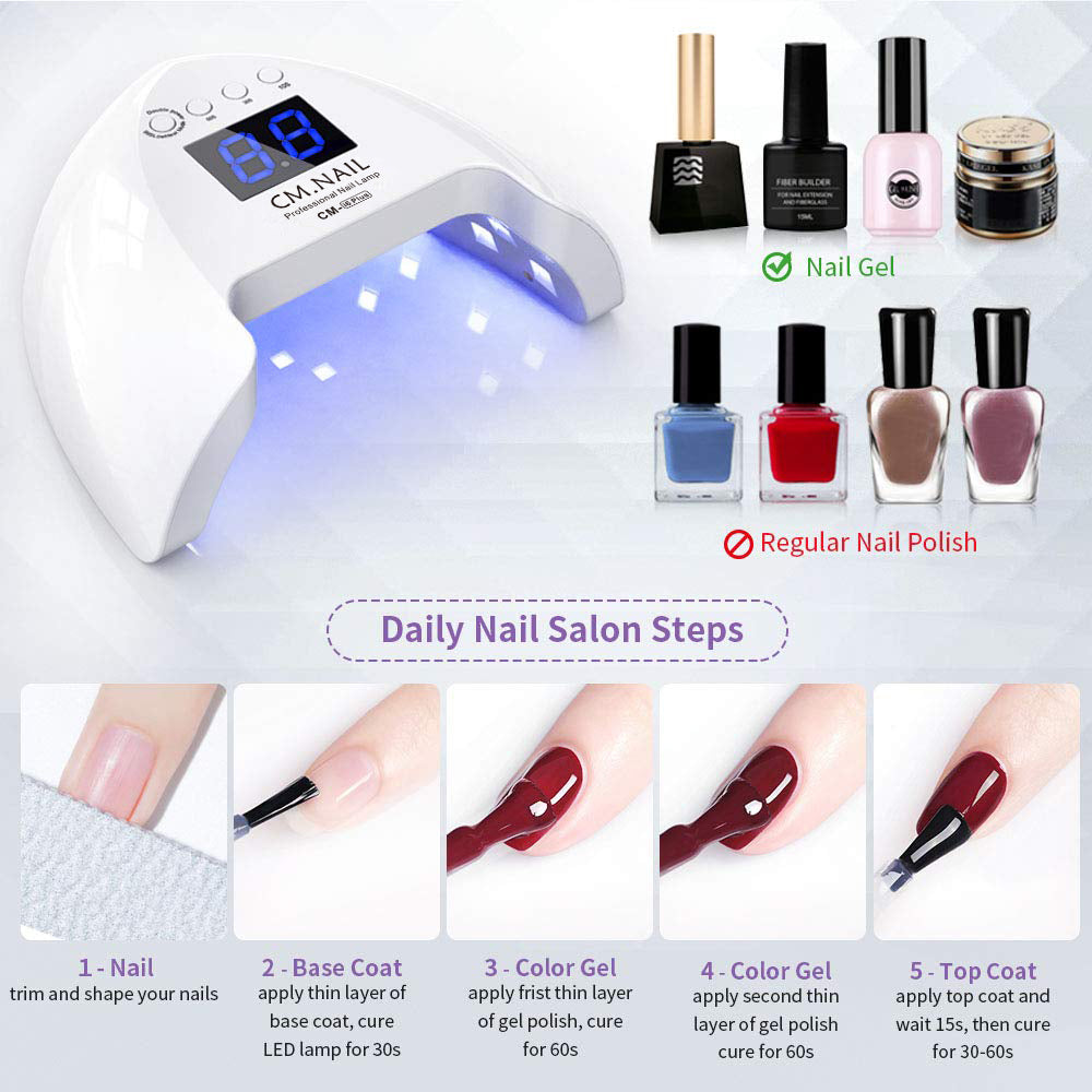 Daily nail salon steps with Nail Lamp CM-I6, showing gel polish application and curing process for professional results.