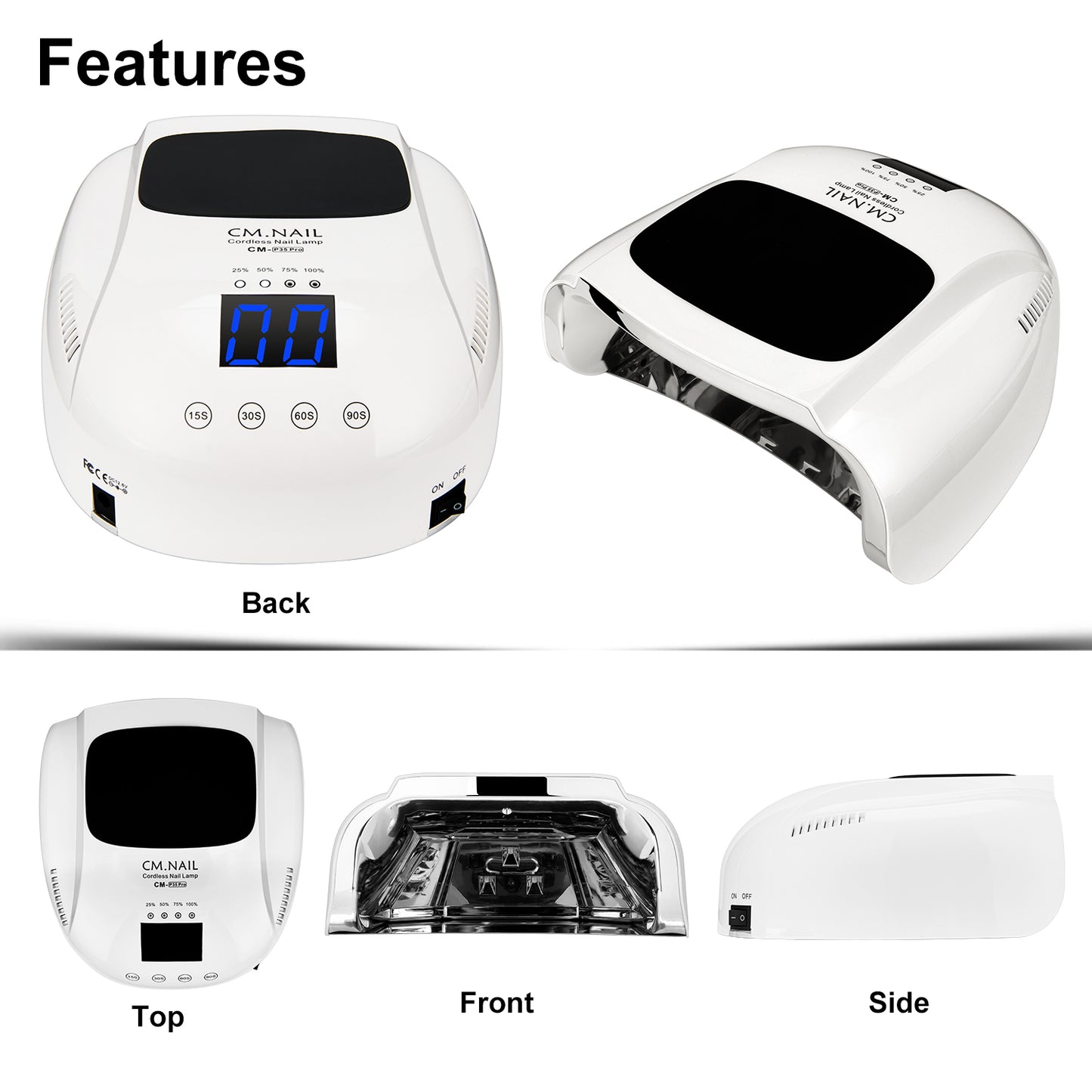 Multiple views of Nail Lamp CM-P35PRO showcasing back, top, front, and side angles. Features include digital display and UV light.