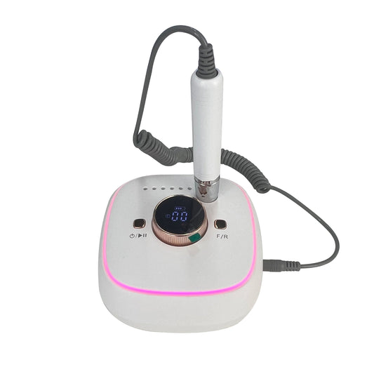 Nail Drill S501 PRO with ambient lighting and extended battery life. Ideal for professional nail care, featuring a digital display and ergonomic design.