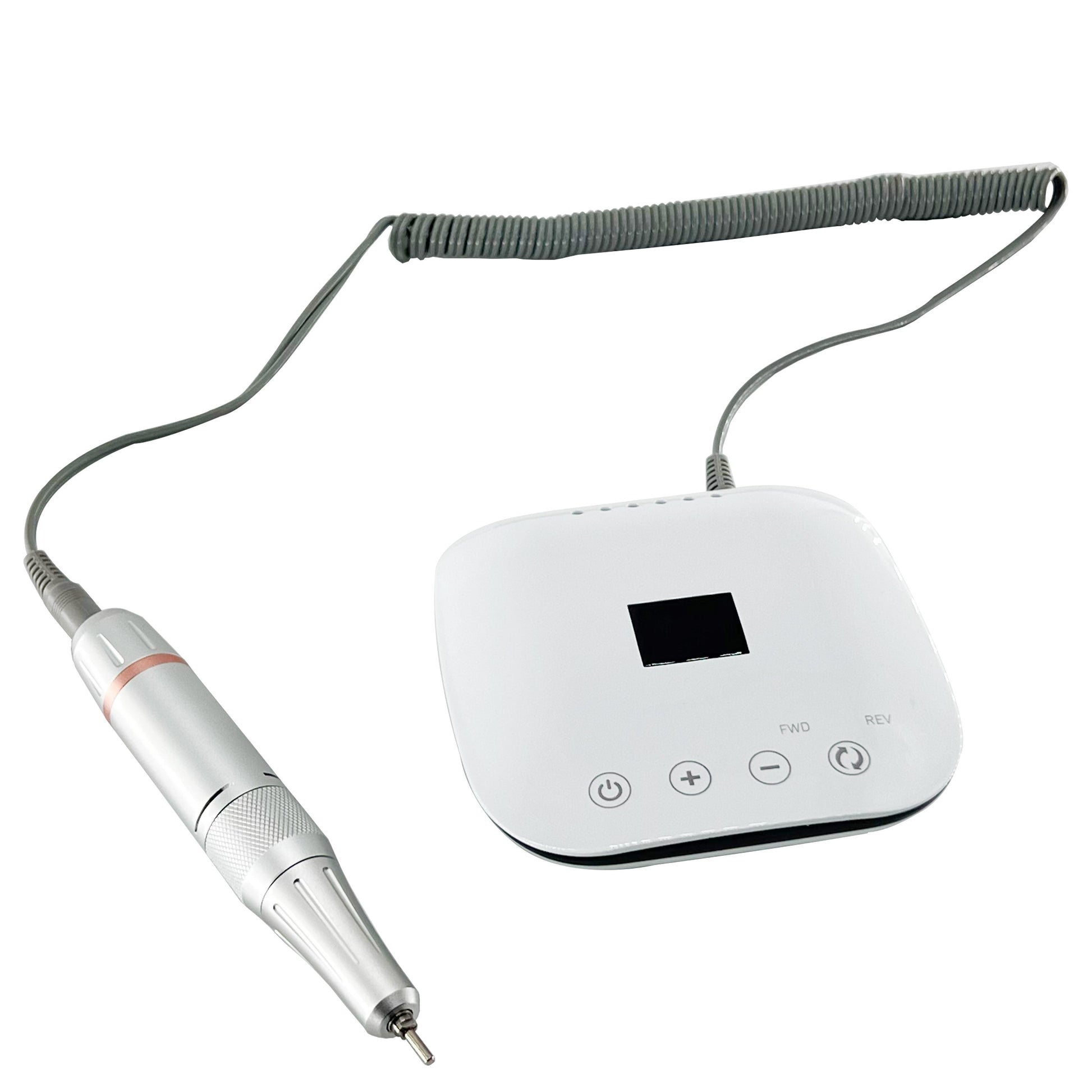 Compact Nail Drill S30 showcasing its lightweight design, white control unit, and silver drill pen with a coiled cord for professional nail care.
