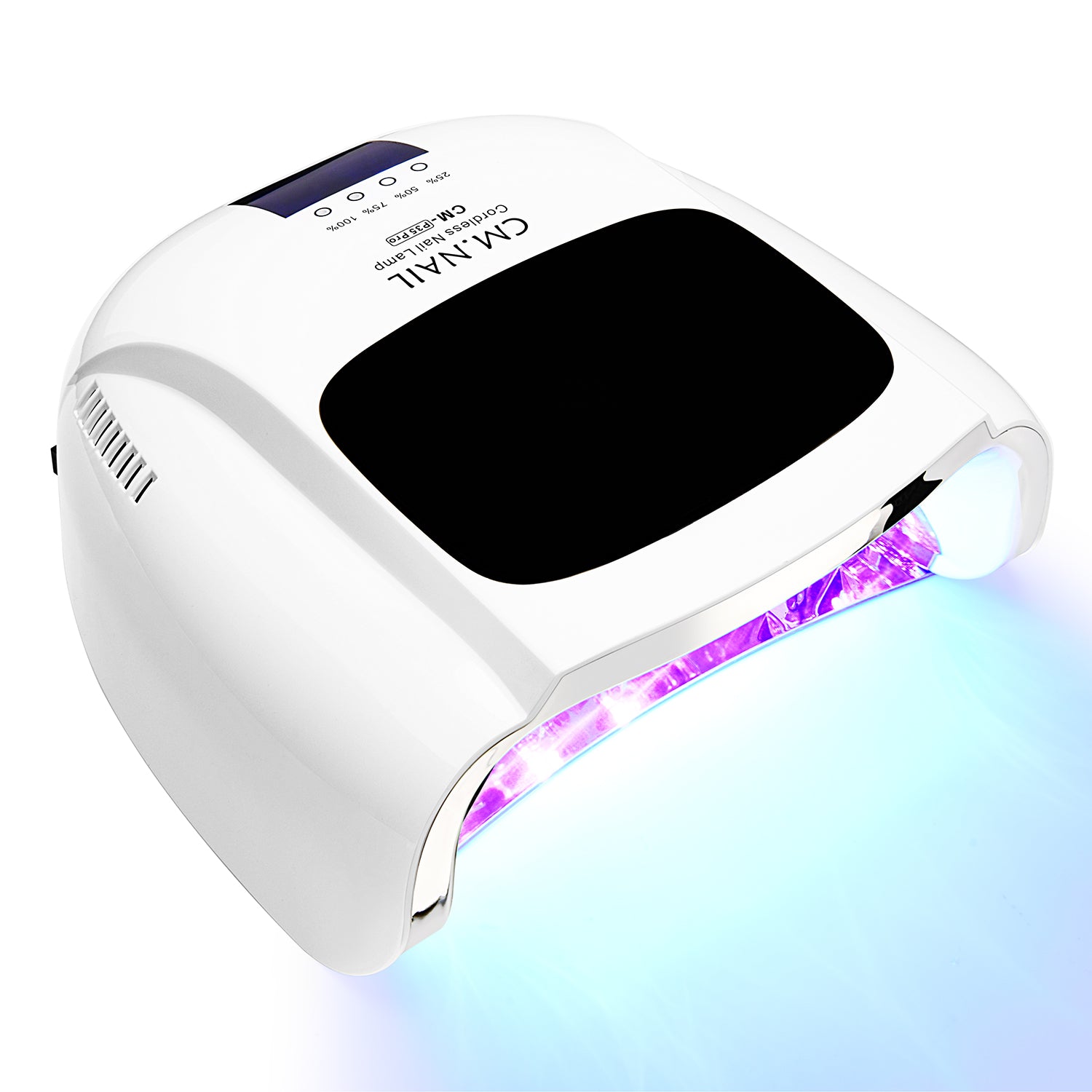 Nail Lamp CM-P35PRO emitting UV light with a spacious opening for hands or feet. Ideal for efficient nail drying and curing.