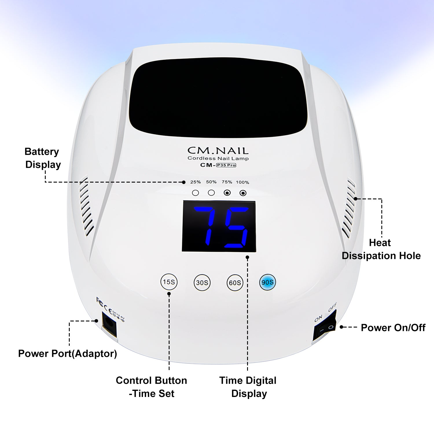 Nail Lamp CM-P35PRO featuring a digital display, heat dissipation holes, and control buttons for timed settings. Designed for professional use.