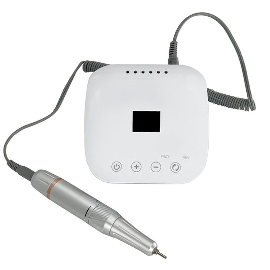 Nail Drill S30 with a sleek white control unit featuring a digital display and buttons, paired with a silver ergonomic drill pen and coiled cord.