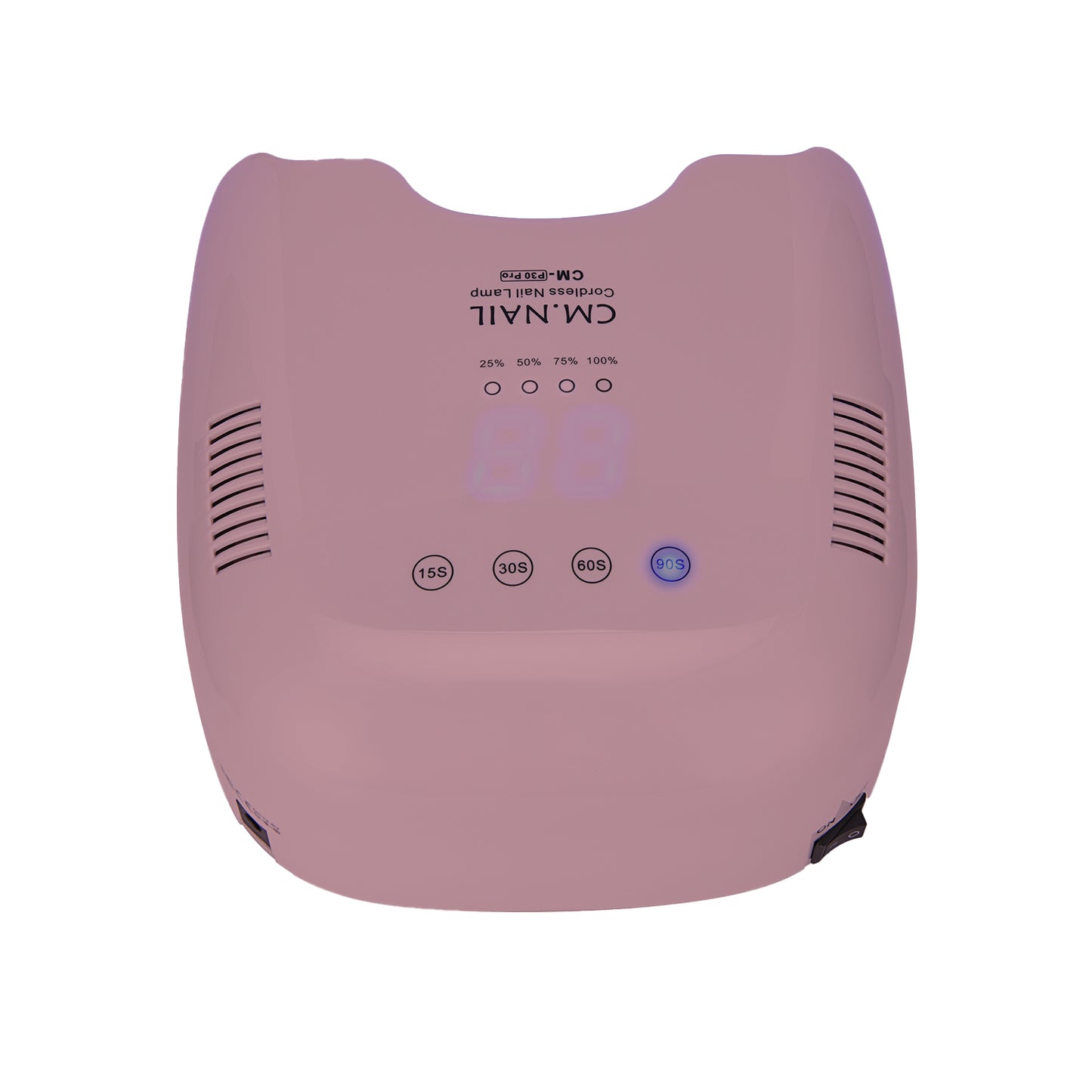 Top view of the Nail Lamp CM-P30 Cameo in pink, showcasing digital display and timer settings for efficient gel polish curing.