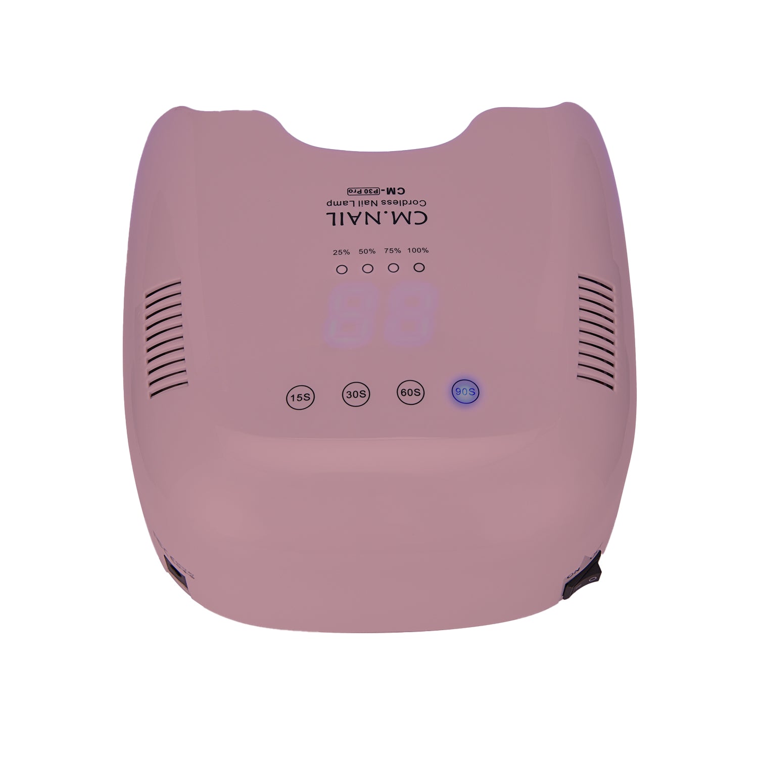 Top view of the Nail Lamp CM-P30 Cameo in pink, showcasing digital display and timer settings for efficient gel polish curing.