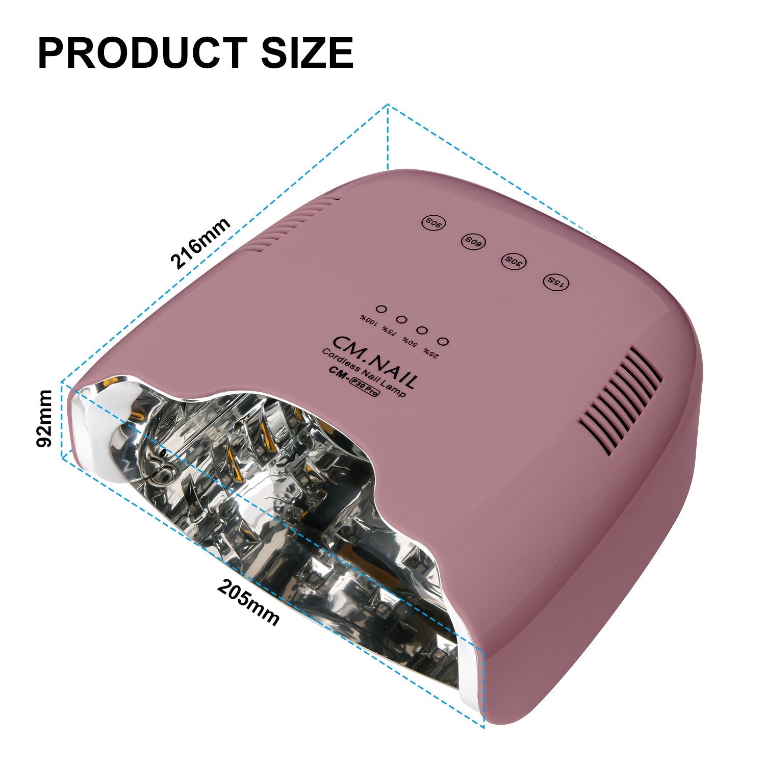 Nail Lamp CM-P30 Cameo with product dimensions labeled, highlighting compact size for convenient use and storage.