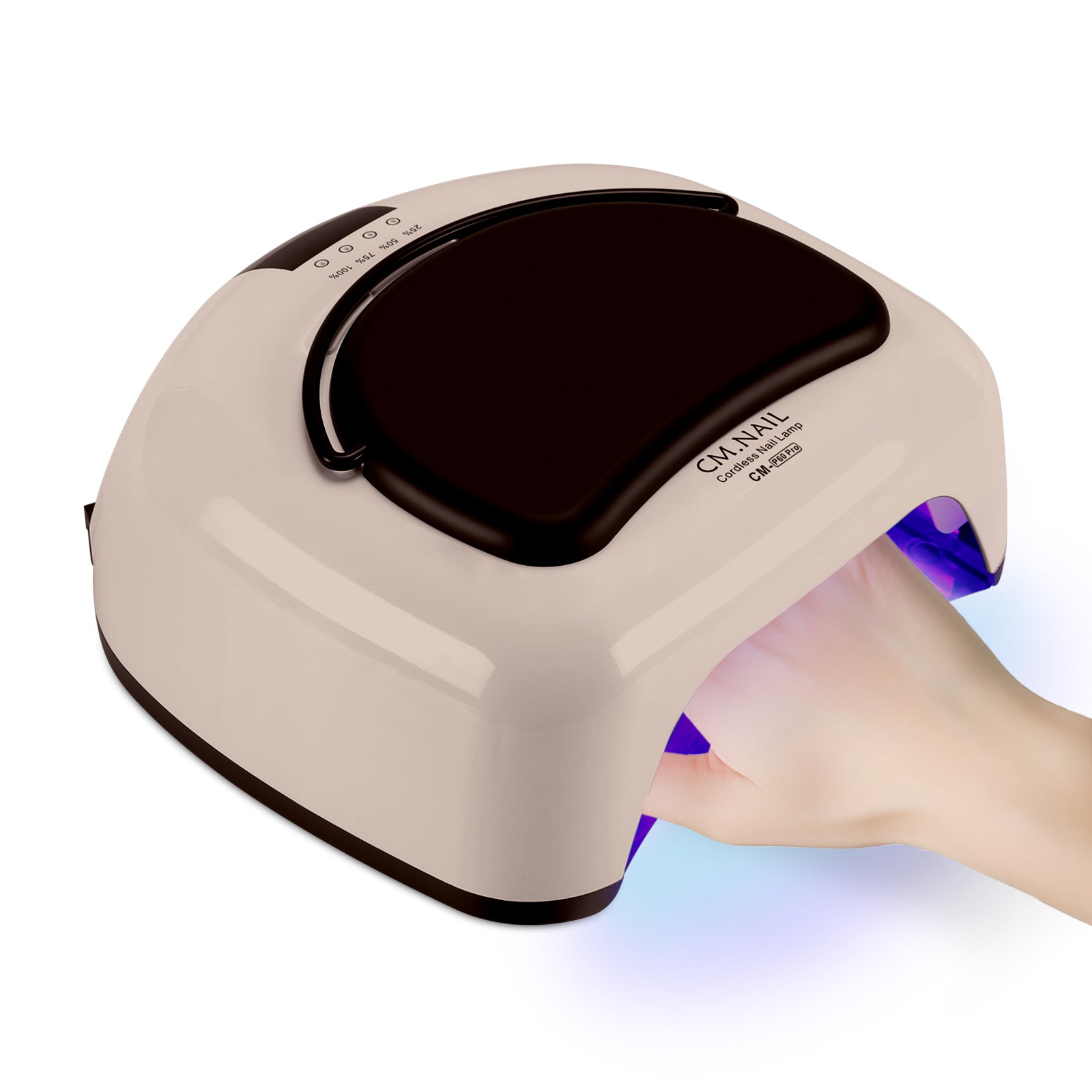 Nail Lamp CM-P60 Beige with 24 ceramic LED beads, showcasing a hand under UV light for professional gel polish curing.