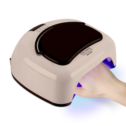 Nail Lamp CM-P60 Beige with 24 ceramic LED beads, showcasing a hand under UV light for professional gel polish curing.