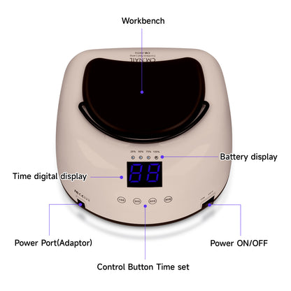 Top view of Nail Lamp CM-P60 Beige with labeled features including digital timer display, battery display, and control buttons.