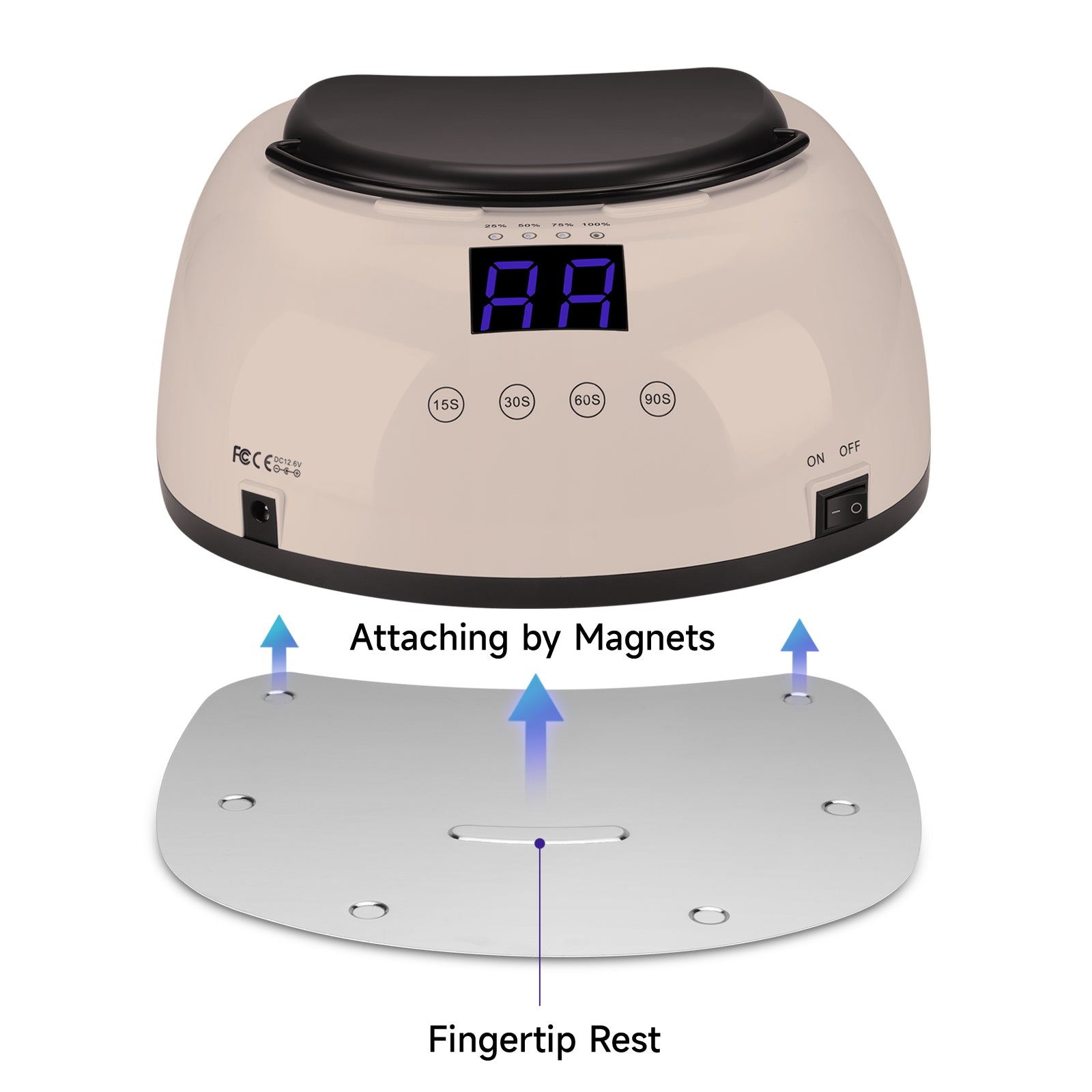 Nail Lamp CM-P60 Beige with detachable magnetic base and fingertip rest for easy cleaning and efficient gel polish curing.