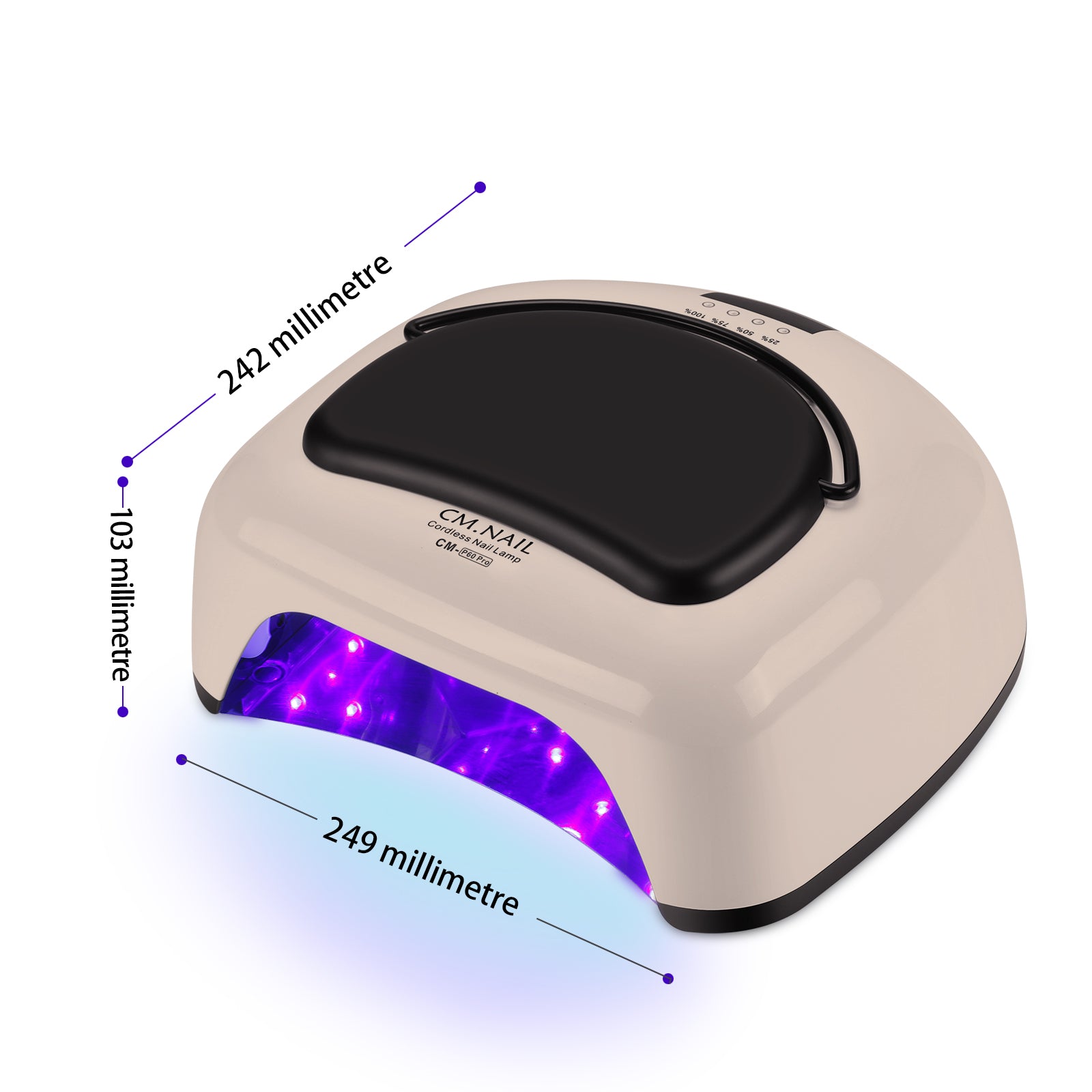 Nail Lamp CM-P60 Beige dimensions labeled as 249mm x 242mm x 103mm, with UV light visible for gel polish curing.