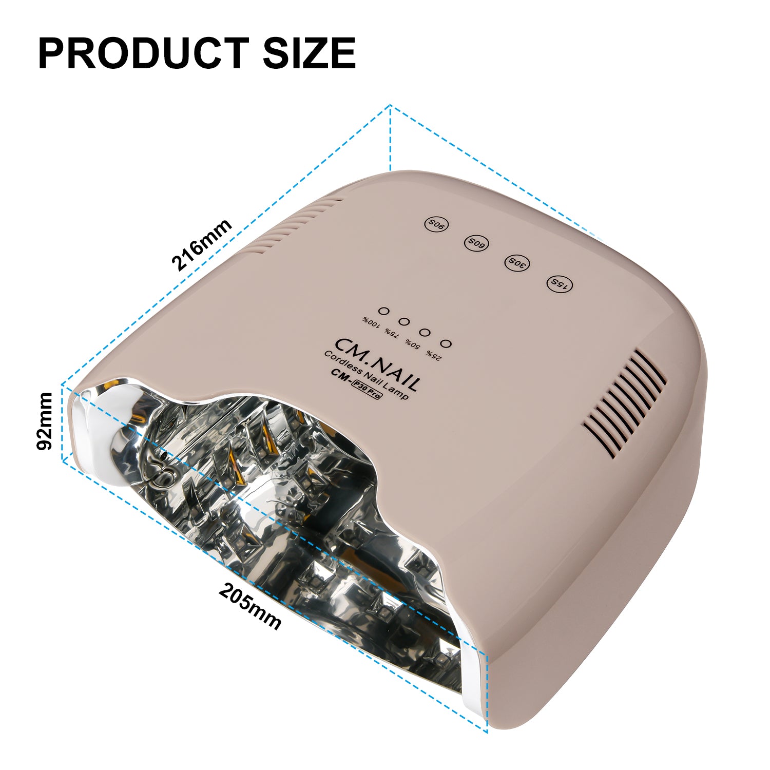 Nail Lamp CM-P30 Beige with dimensions labeled, highlighting compact and ergonomic design for nail care.