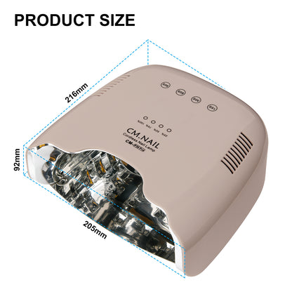 Nail Lamp CM-P30 Beige with dimensions labeled, highlighting compact and ergonomic design for nail care.