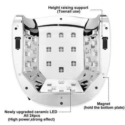 Interior view of Nail Lamp CM-P35PRO showing 24 upgraded ceramic LED lights and magnetic attachments for efficient nail curing.