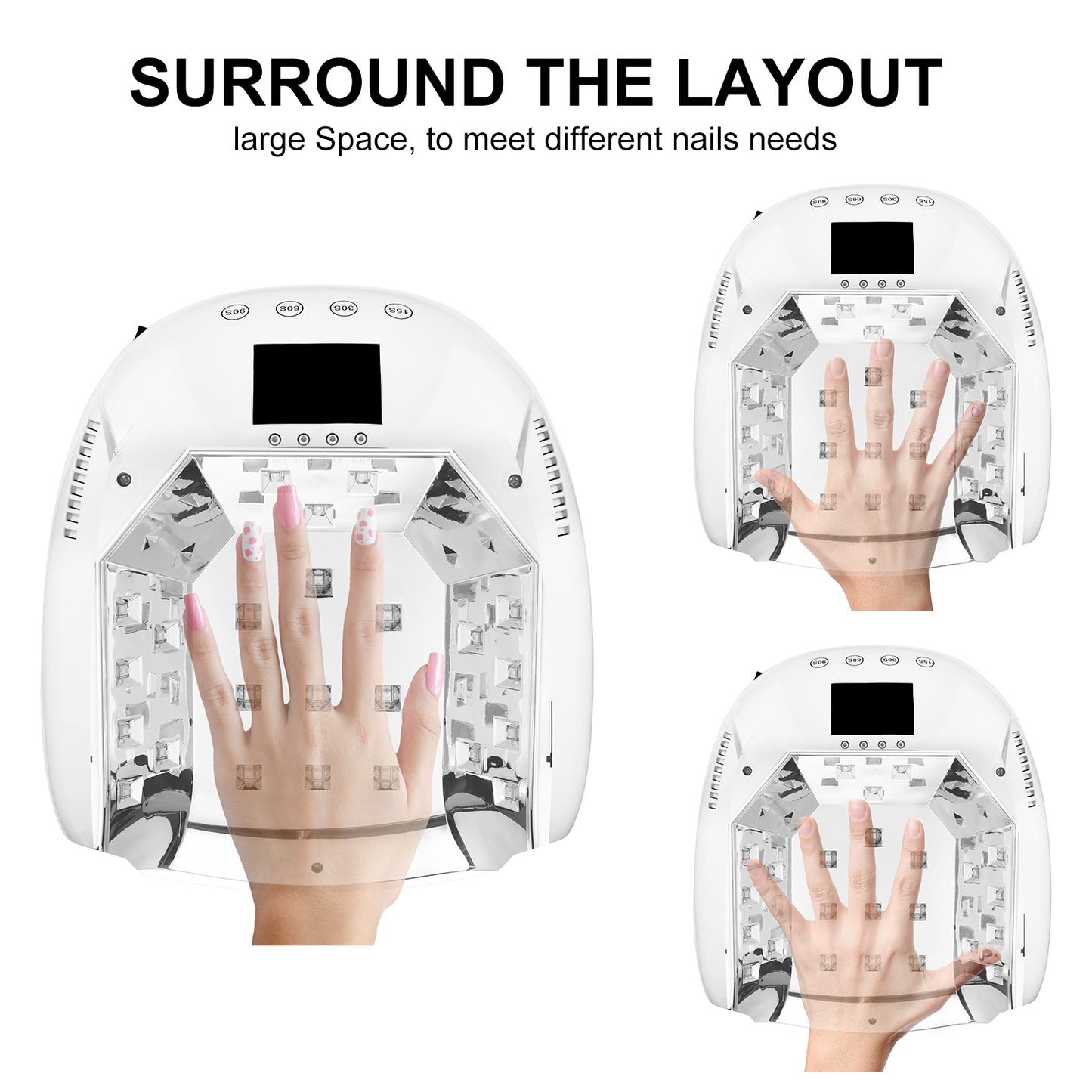 Nail Lamp CM-P35PRO with surround layout design, providing ample space to accommodate different nail sizes for hands and feet.