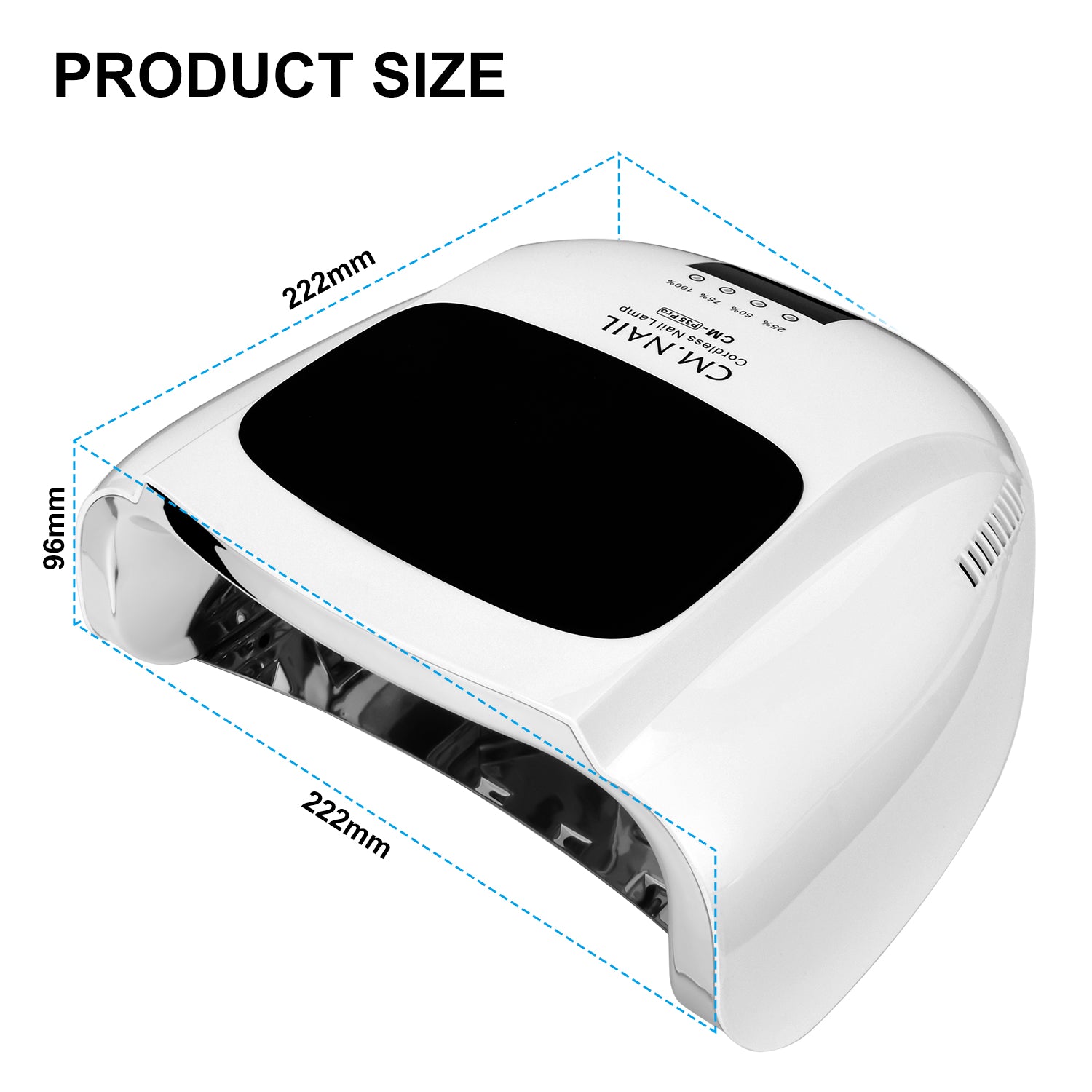 Nail Lamp CM-P35PRO dimensions: 222mm x 222mm x 96mm. Compact and portable design for personal or professional nail care.